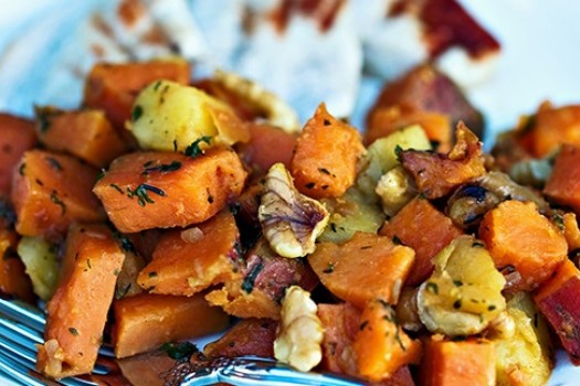 Baked sweet potato, apple, and nuts.