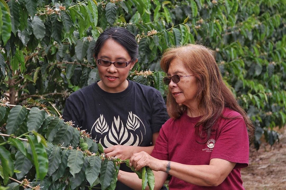 Two women, daughter and mother, stand next to each other holding a branch of a coffee tree