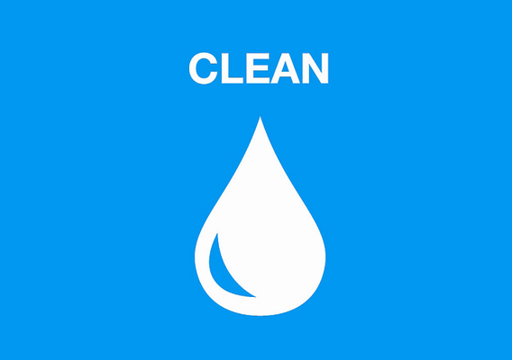 White water droplet on blue background with text that says Clean