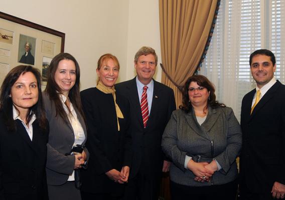 Secretary Tom Vilsack  with USDA Rural Development employees who administered Recovery Act expenditures: (Left to Right) Nancy House, Genevieve Sandoval, Cheryl Gamboney, Secretary Vilsack, Assistant Administrator Jacqueline Ponti-Lazaruk, and Greg Caramanica.  