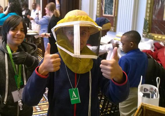 Students from Baltimore and Washington, D.C. schools trying out different scientific careers like ARS bee researcher at the White House Day at the Lab