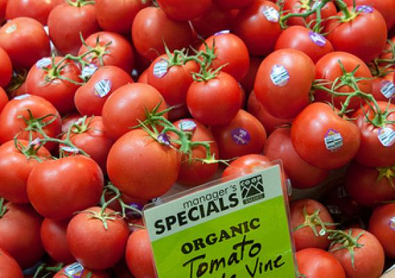 Organic tomatoes on  display at the La Montanita Co-op in Albuquerque, NM.