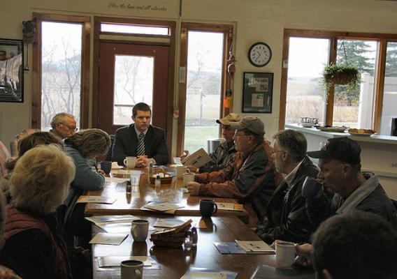 Rural Development State Director Jasper Schneider (Center) meets with community leaders during a recent outreach meeting in Regent.