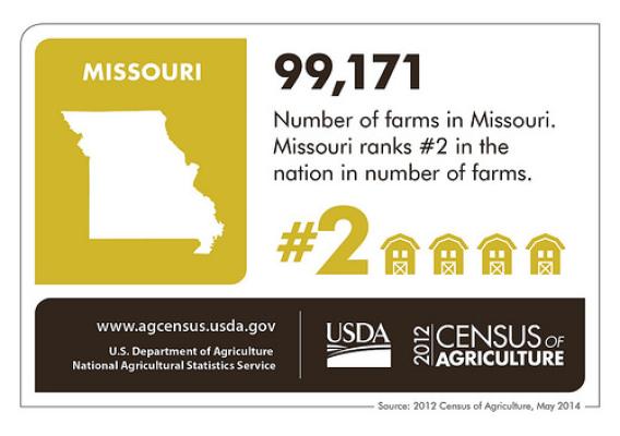 Show me farms!! Missouri has lots and lots of farming – almost 100,000 according to the 2012 Census of Agriculture. Check back next week for a focus on another state and the Census of Agriculture.