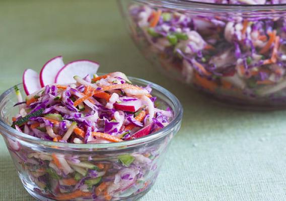 Zucchini Coleslaw is a delicious alternative to sweet coleslaws. Adding salsa instead of sugar to the coleslaw sauce gives each serving more nutrients and more flavor. Photo credit: Jennifer M. Anderson.