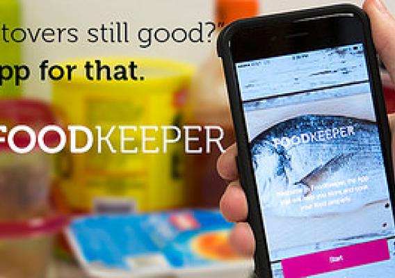 Image of person using app in refrigerator. Text overlay reads: “Are these leftovers still good? There’s an app for that now, the FoodKeeper.”