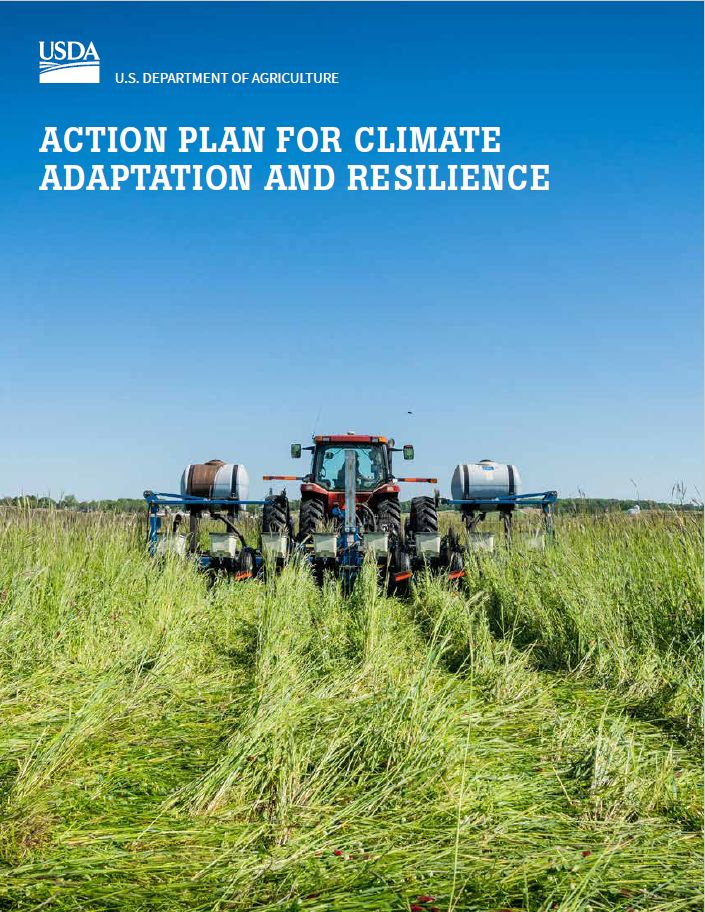 Cover page for the 2021 USDA Action Plan for Climate Adaptation and Resilience, combine in field.
