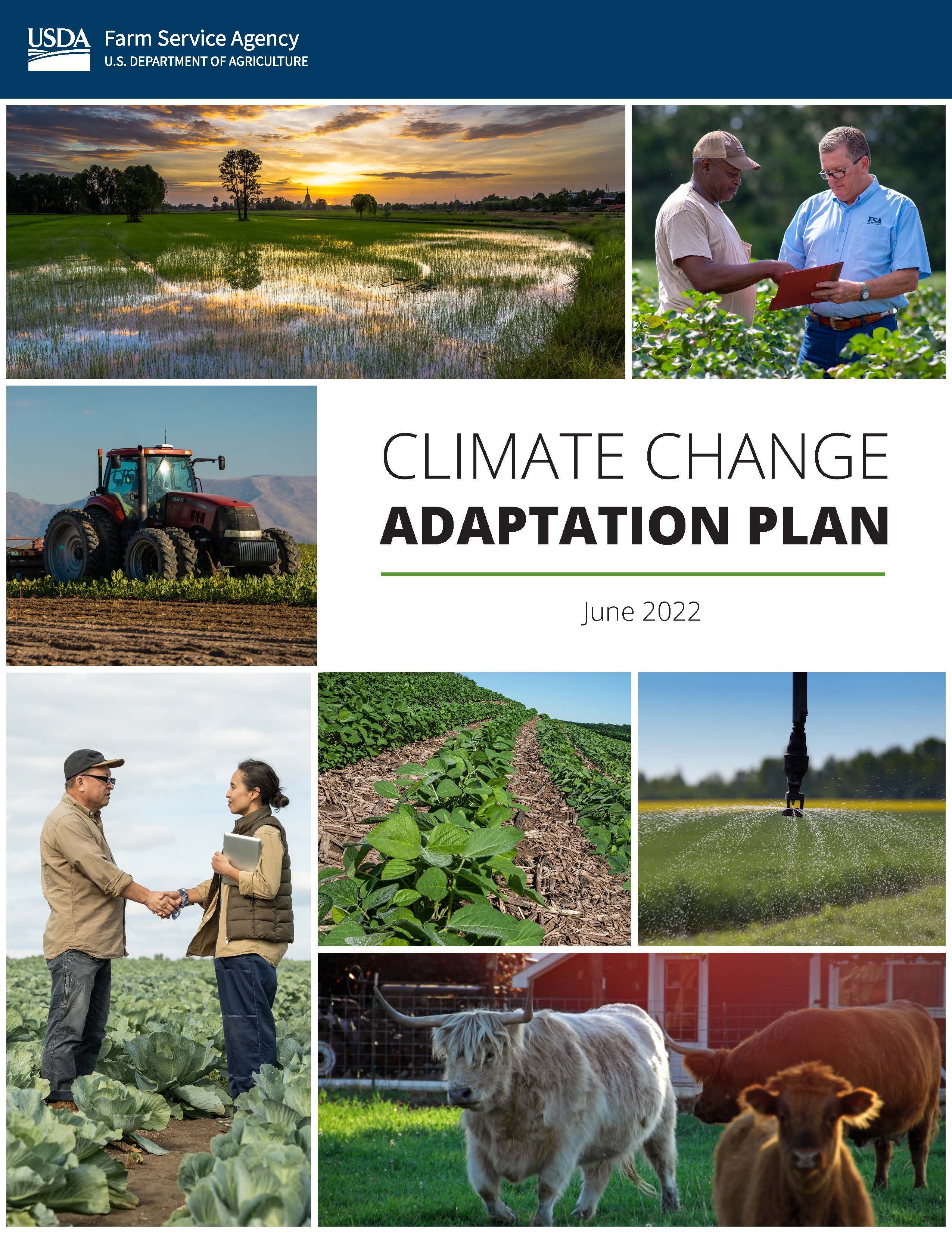 Cover page for the 2022 FSA Action Plan for Climate Adaptation and Resilience, mosaic of various fields.