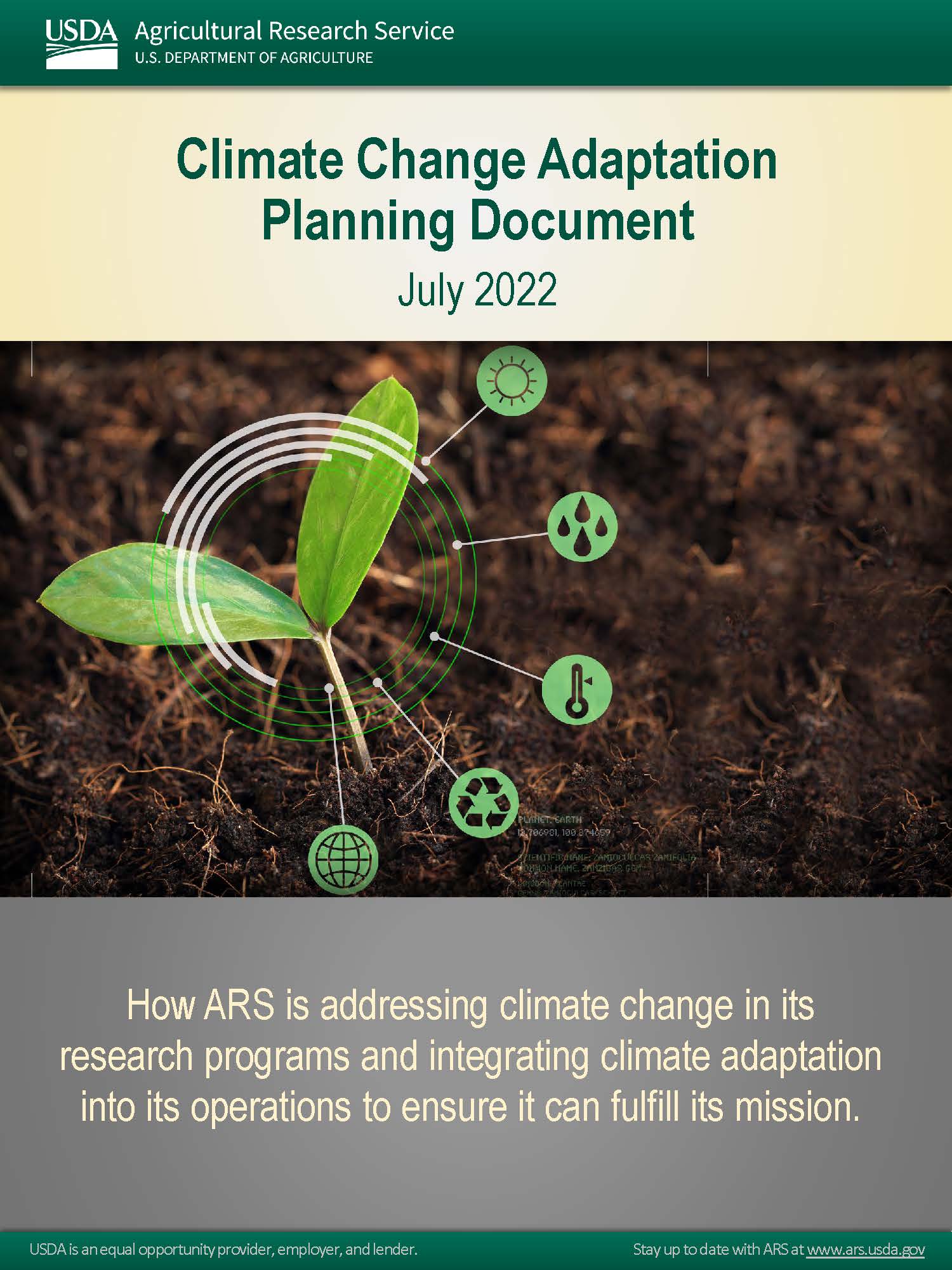 Cover page for the 2022 ARS Action Plan for Climate Adaptation and Resilience, sprout in field.