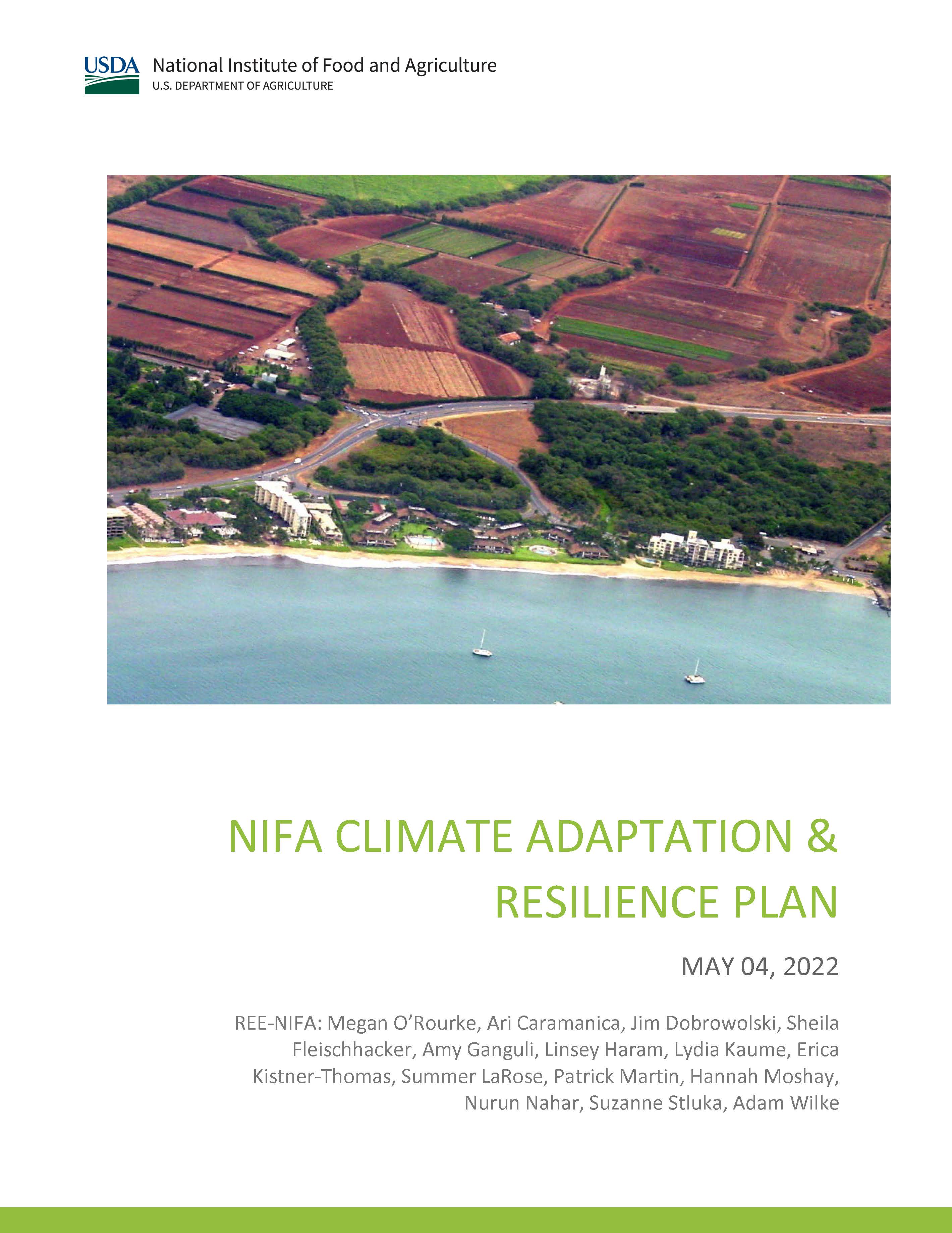 Cover page for the 2022 NIFA Action Plan for Climate Adaptation and Resilience, aerial view of fields by a shore.
