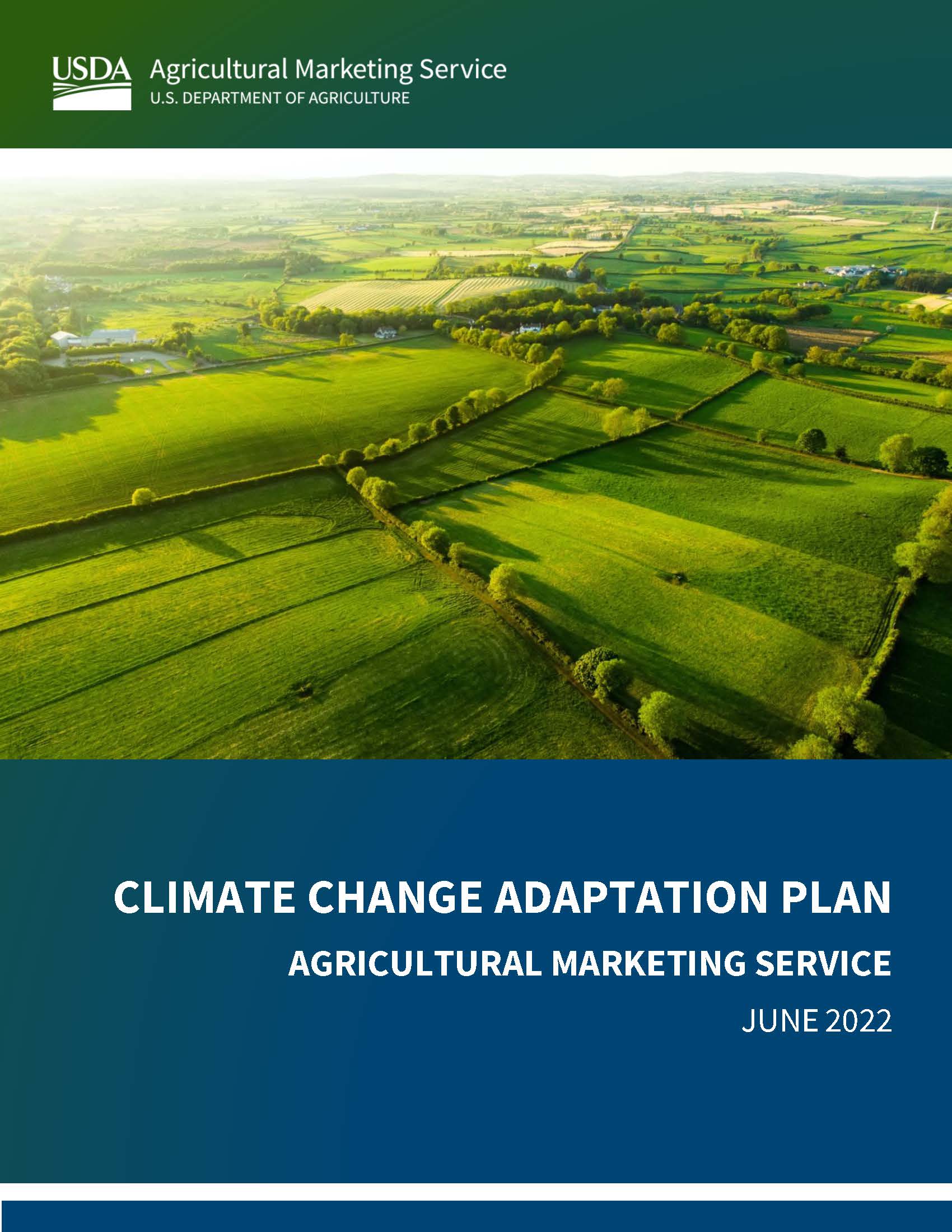 Cover page for the 2022 AMS Action Plan for Climate Adaptation and Resilience, aerial view of green field.