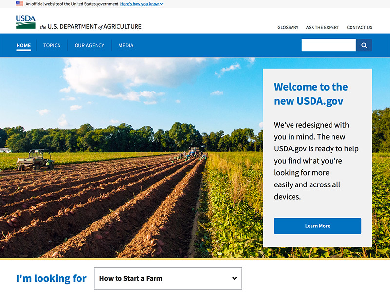 Screenshot of the new USDA.gov website.