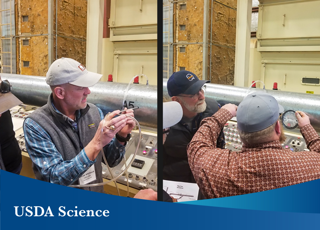 USDA-ARS’ Derek Whitelock (left) and Greg Holt (right) during the Lubbock School where students were taking air measurements during Continuing Education. (Photo provided by NCGA)