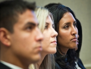 (L to R) Communications majors from Kennesaw State University, Georgia student Freddy Marquez-Moreno, University of Texas, El Paso student Tanya Flores, and Barry University and Miami Shores, Florida student Ileana Alamo listen to speakers at the United States Department of Agriculture (USDA) Summer Hispanic Association of Colleges and University (HACU) and Tribal College interns during their orientation at USDA.
