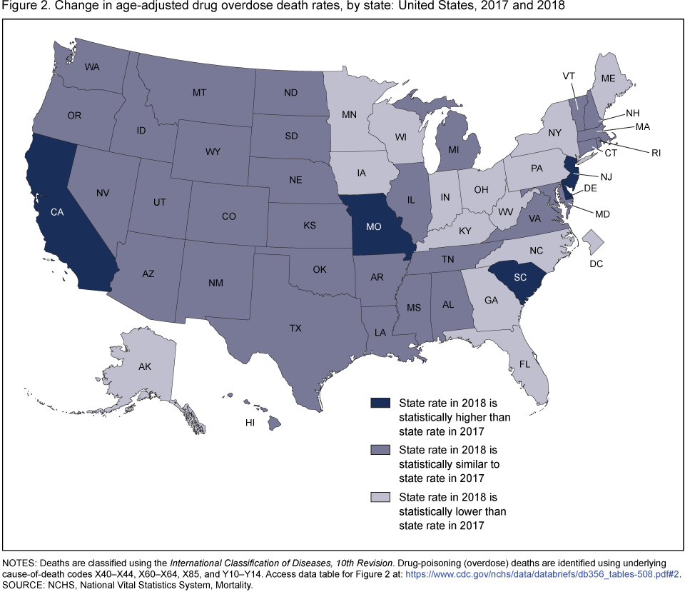 CDC map showing the number of age-adjusted rates of drug overdose deaths by state, USA, 2018 