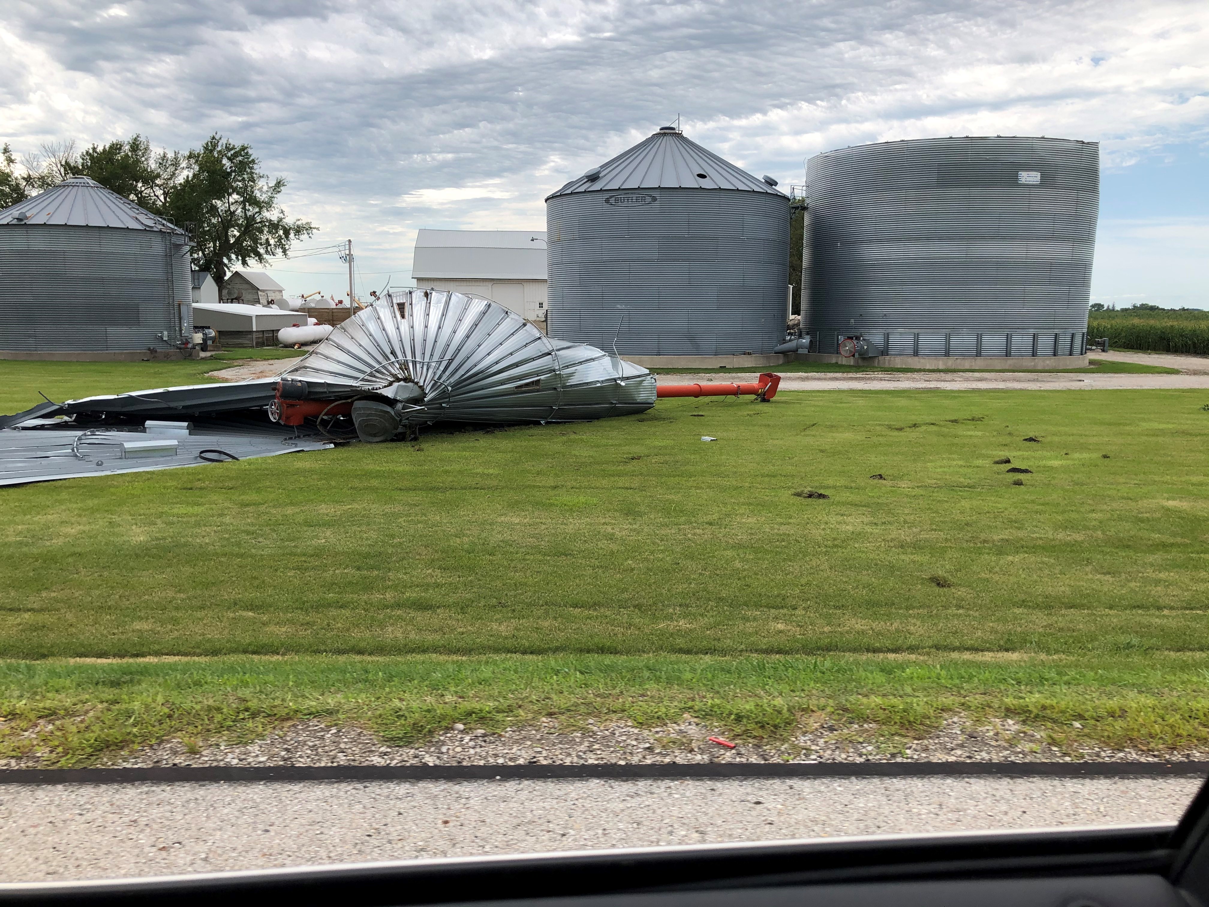 A damaged grain bin in central Iowa damaged by the derecho
