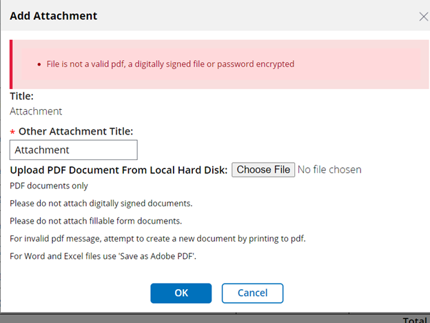 ezFedGrants Add Attachment error message screenshot