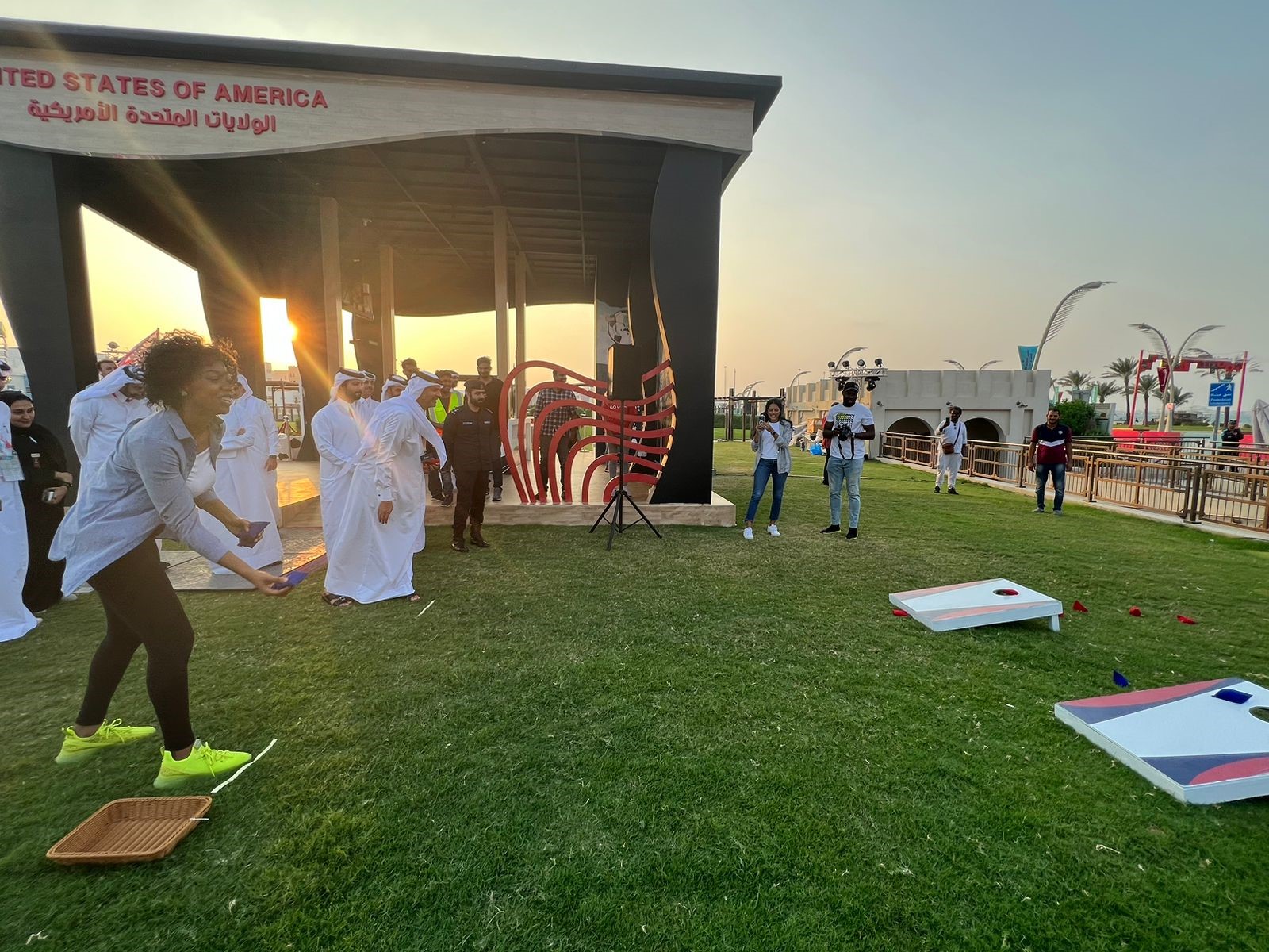 Qatar Prime Minister and Minister of Interior H E Sheikh Khalid bin Khalifa bin Abdulaziz Al joins in opening day festivities at the World Cup USA Pavilion with a fun game of corn hole