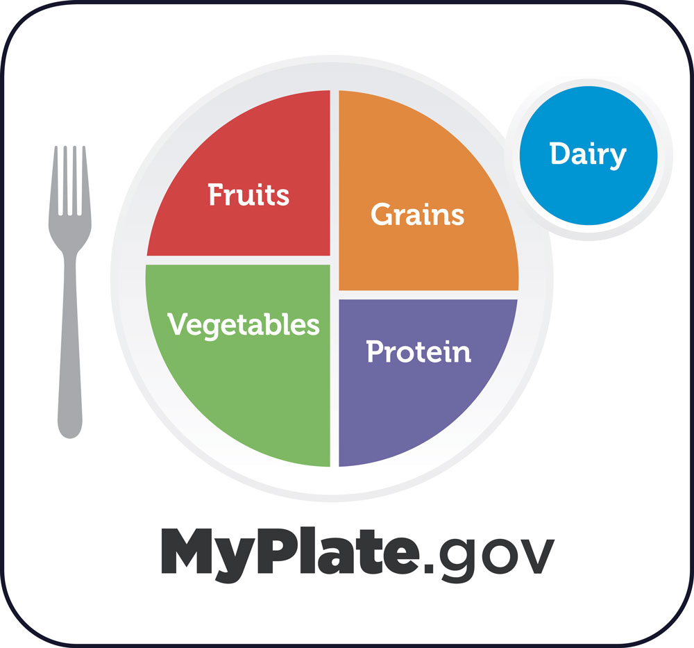 Picture of MyPlate logo featuring fruits, vegetables, grains, protein and dairy
