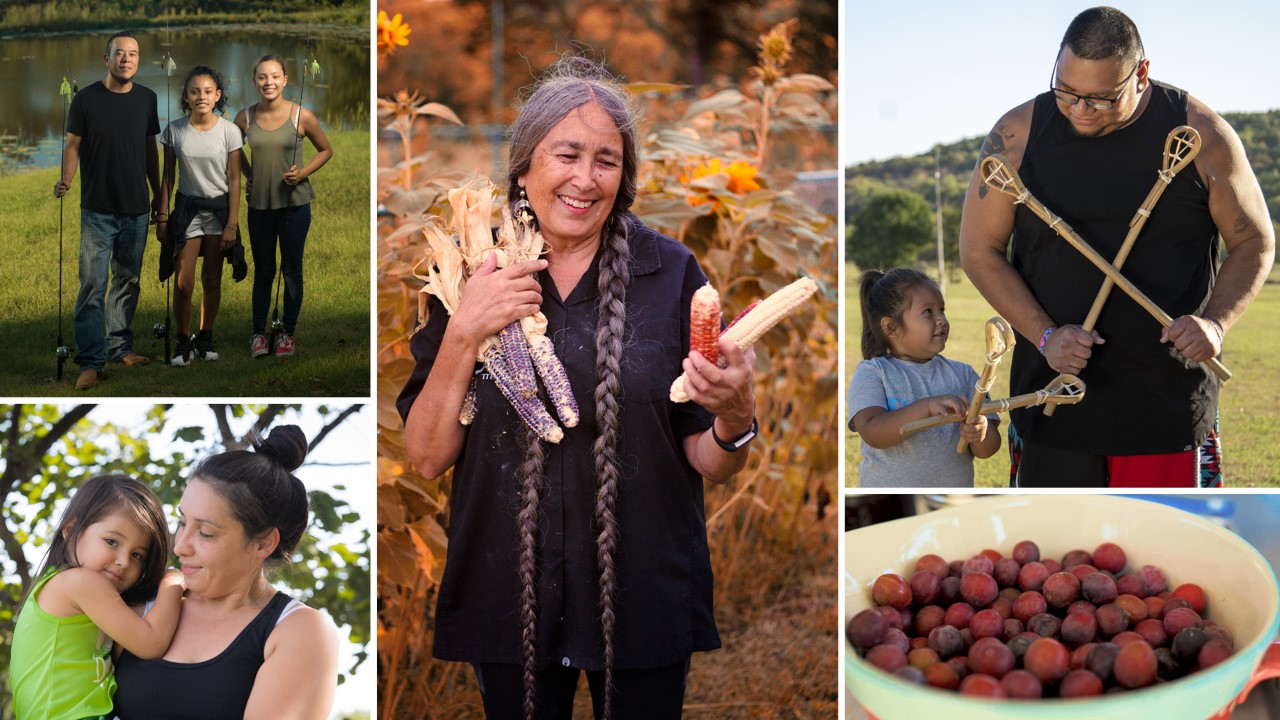 Photo collage of Native American families and traditional food