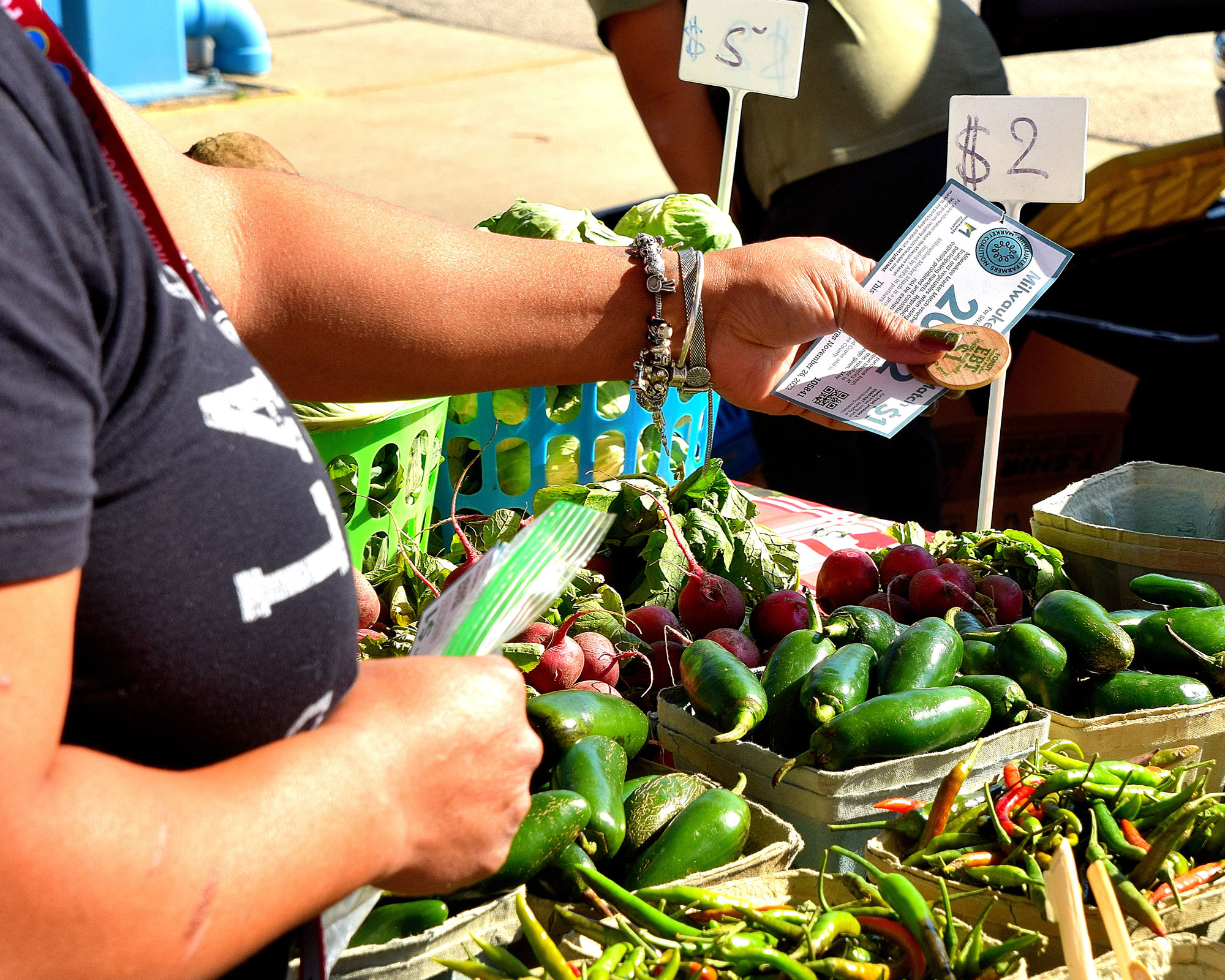 Person handing voucher to farmers market vendor to purchase produce