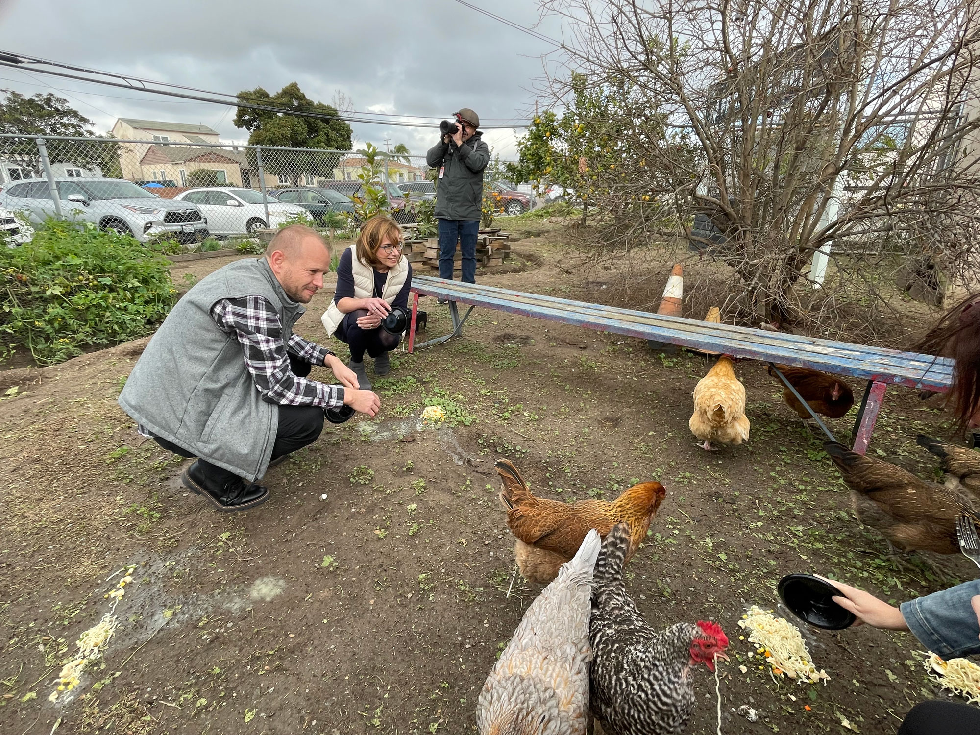 Administrator Cindy Long feeding hens while touring the school garden Chula Vista Middle School