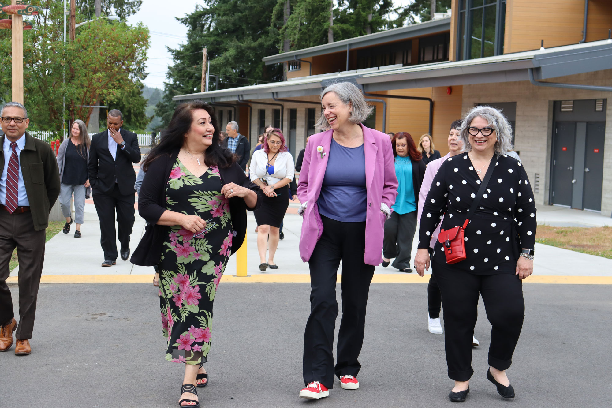 Cheryl Miller of the Port Gamble S'Klallam Tribe leads FNCS Deputy Under Secretary Stacy Dean and DSHS Deputy Chief of Staff Marirose Piciucco on an outdoor walking tour