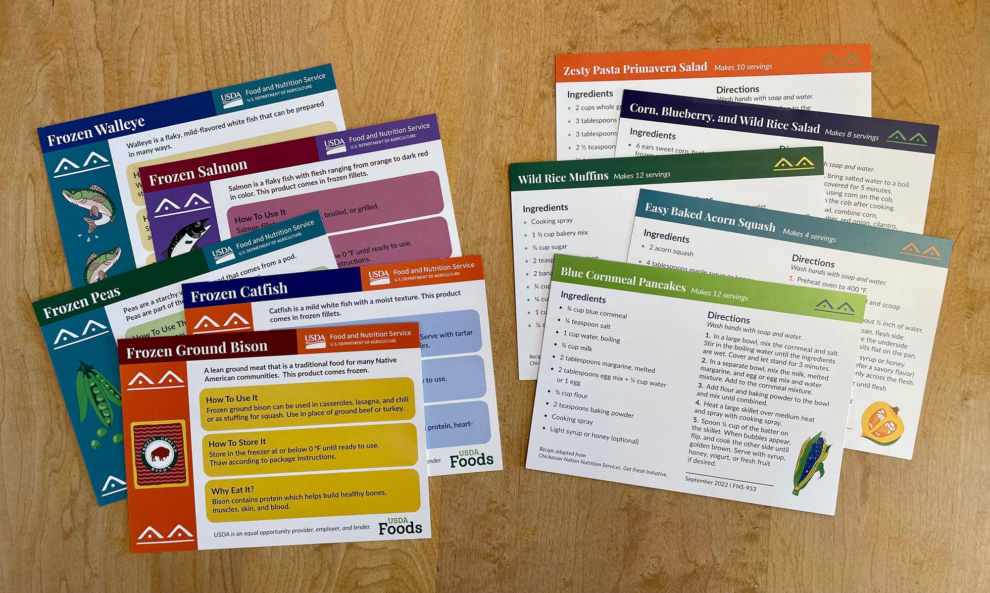 Ten colorful recipe cards contain nutrition information and cooking instructions