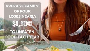 image of person eating from a plate with text average family of four loses nearly $1,500 to uneaten food each year