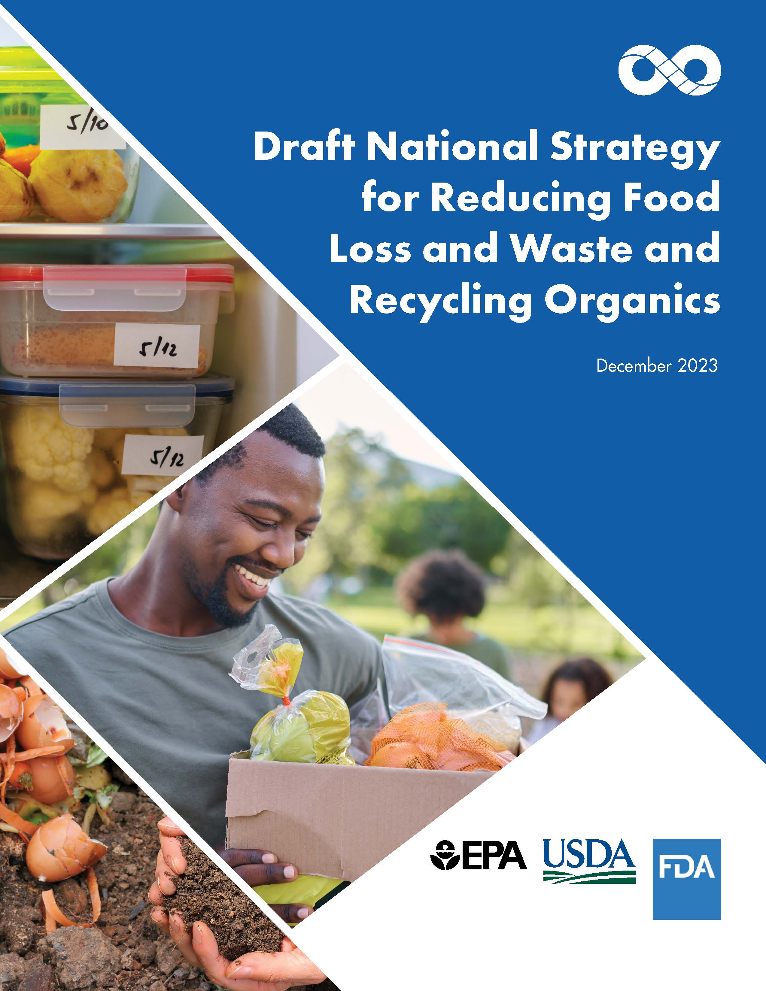 Cover of Draft National Strategy for Reducing Food Loss and Waste and Recycling Organics with images of food storage and composting.