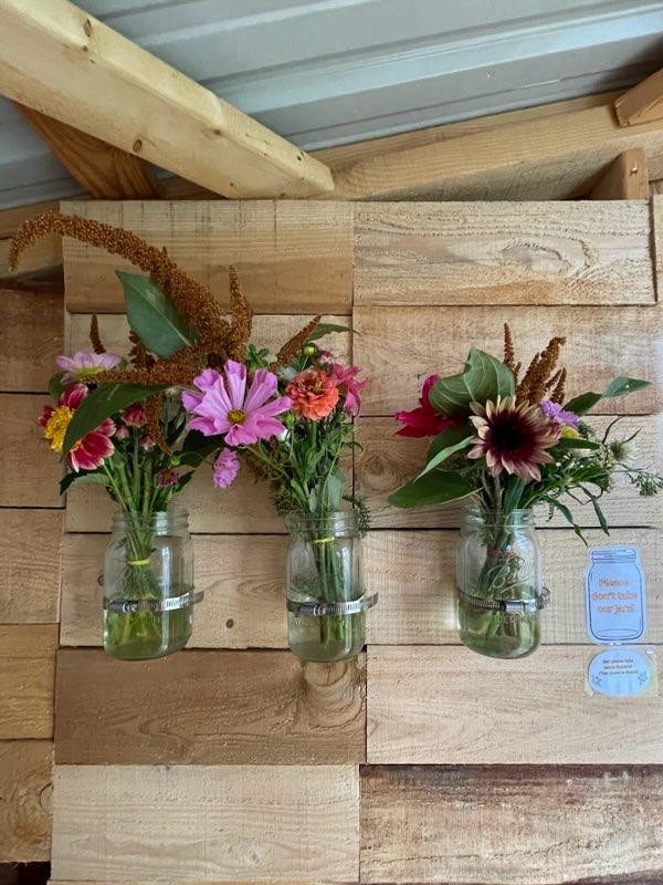 Bouquets of flowers in the free farm stand with sign, “Please take some flowers (You deserve them!)