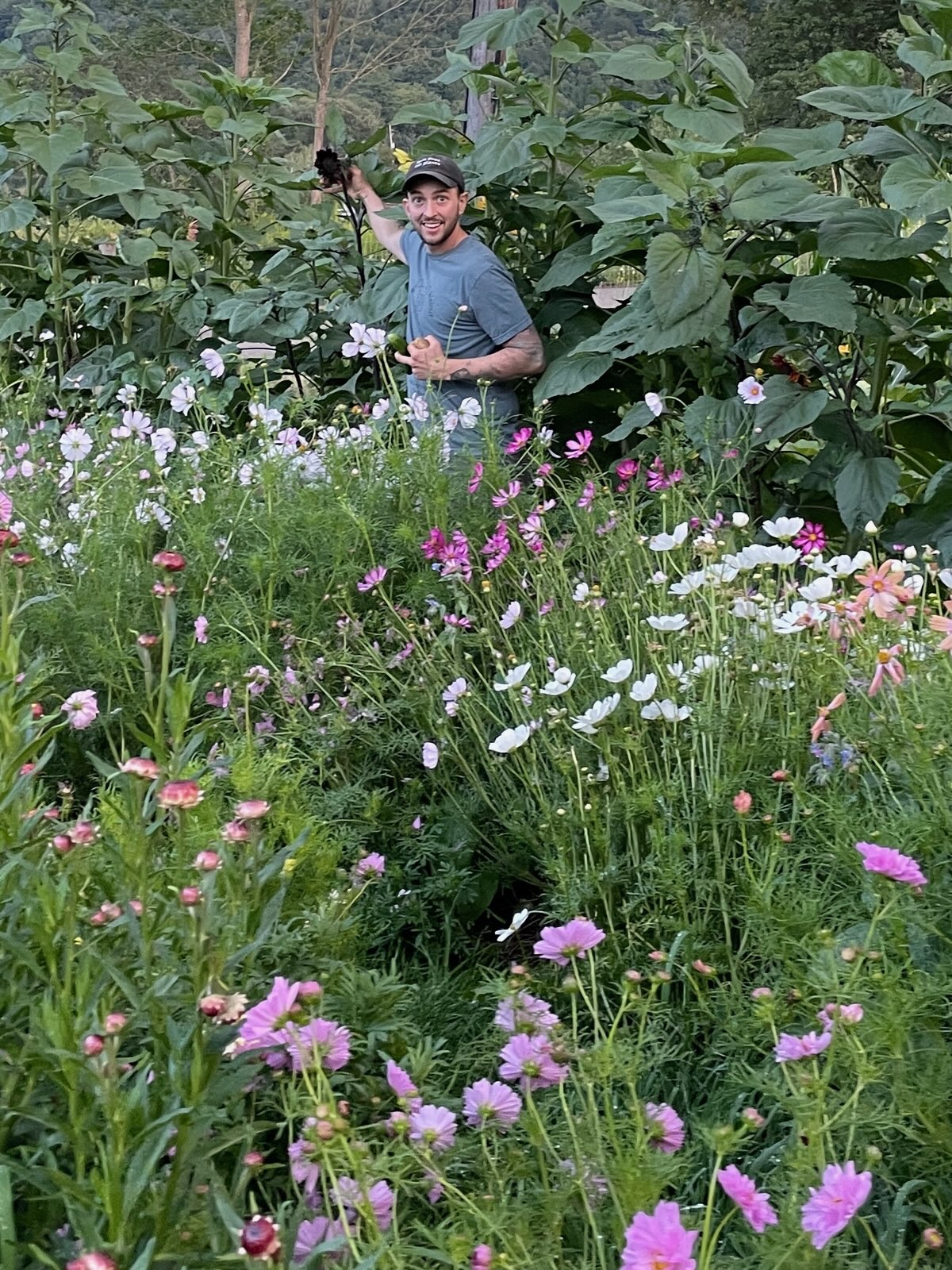 Oliver Gawlick in the Happy Compromise Farm + Sanctuary garden with wildflowers