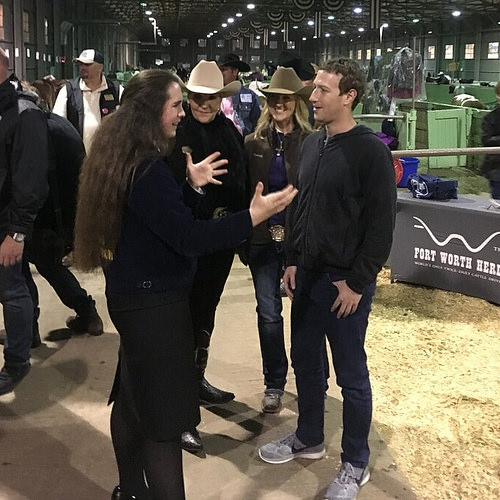 Hanna talking to Mark Zuckerberg about agriculture and showing at Fort Worth Stock Show and Rodeo. Photo credit: Hanna Lisenbe, with permission
