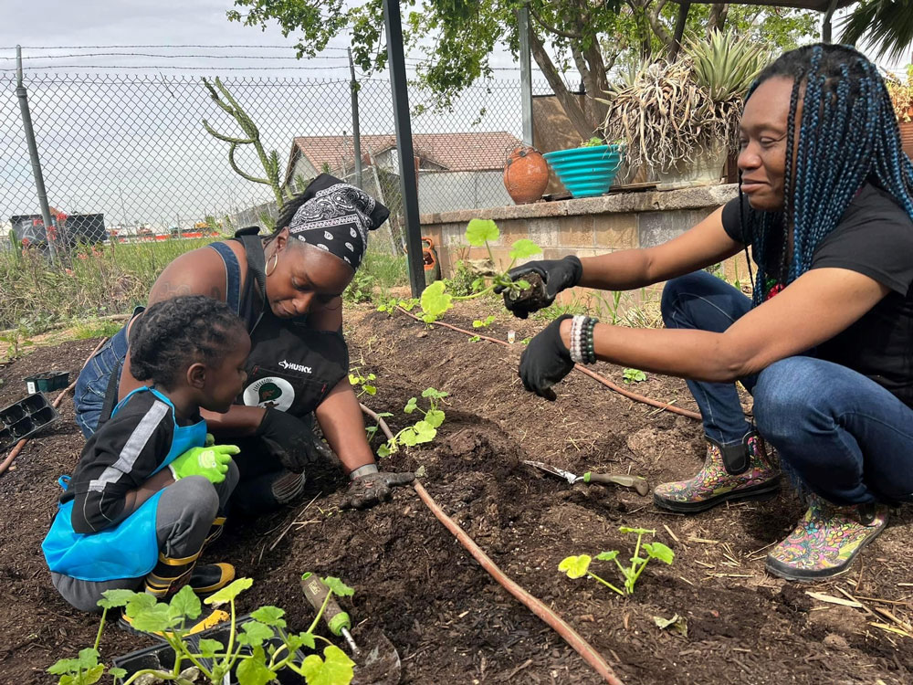 Nika Forte’ (Director) & Charlotte Sloan (Garden Manager) teach young Ona McGordon about the bugs that live in the soil & help plants grow. Picture take by Alison McGordon