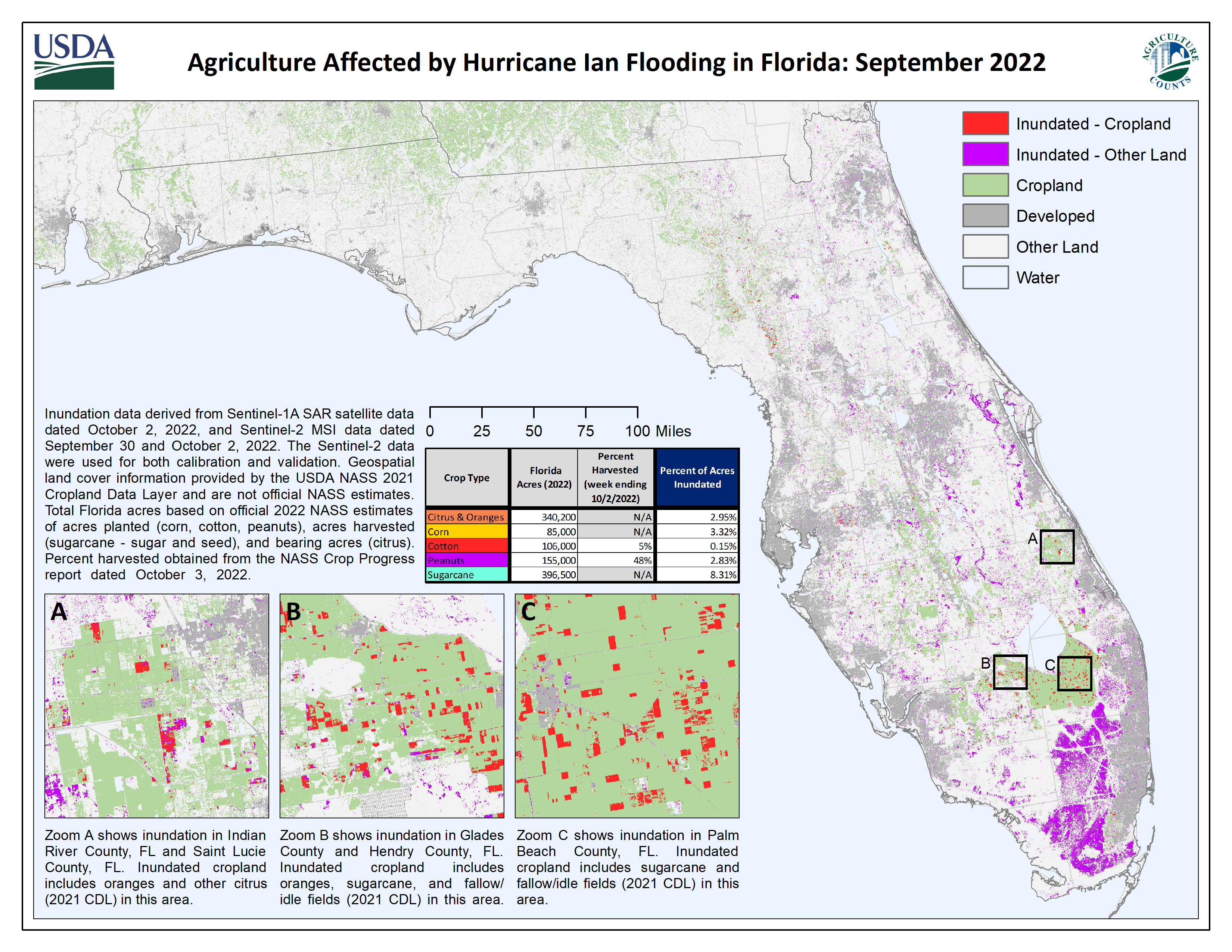 Map created by NASS’s Disaster Mapping Team showing affected agricultural area because of Hurricane Ian flooding in September 2022.