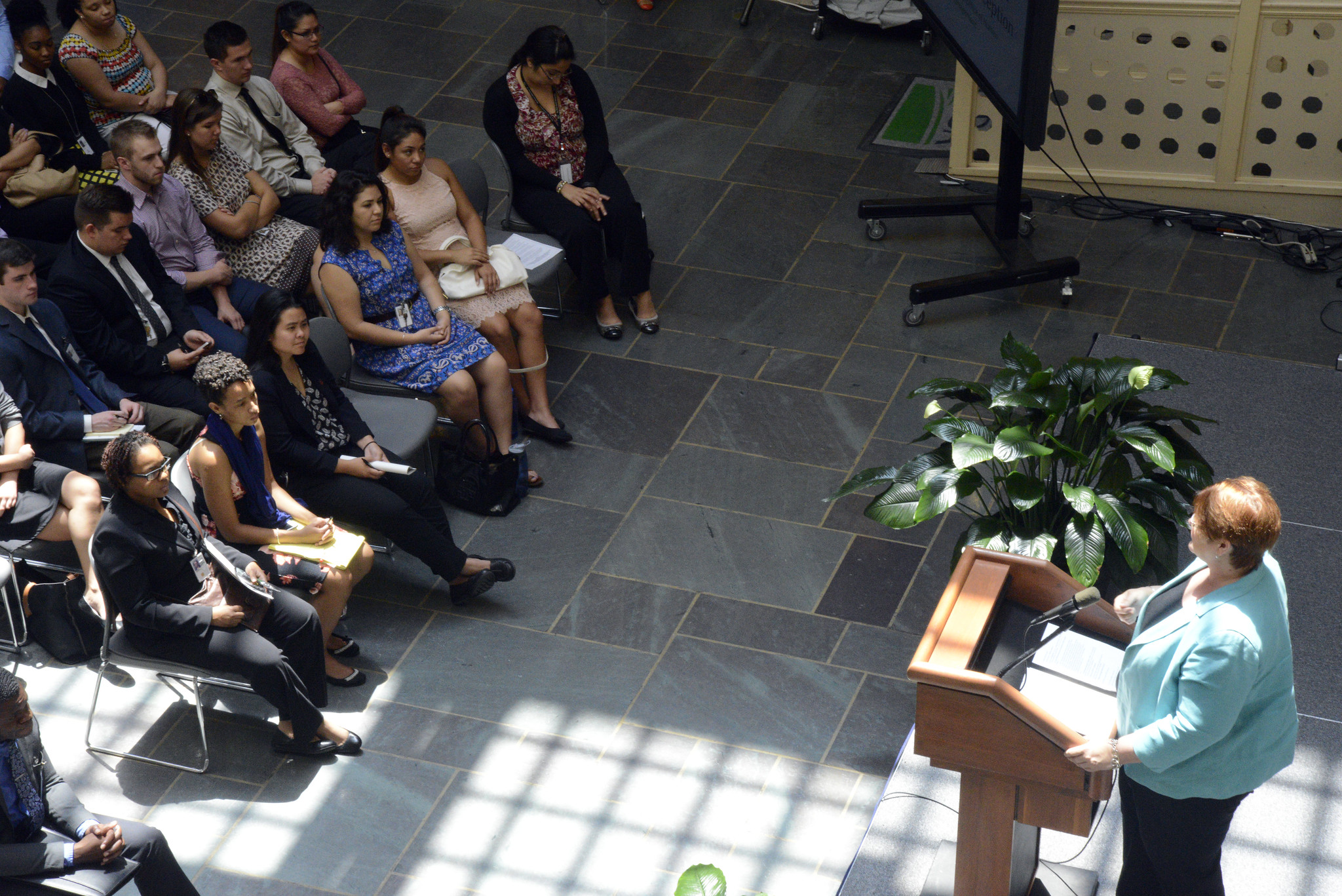 USDA’s Office of Human Resources Management Director Roberta Jeanquart speaks to the USDA Interns at the welcoming program held in the USDA Whitten Building in Washington, D.C. on Wednesday, Jun. 29, 2016