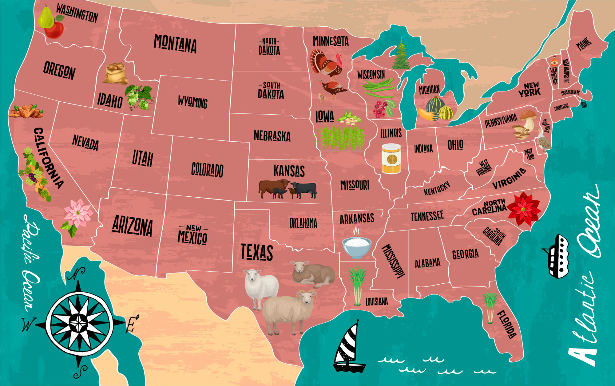 A map of the United States with select states’ number one crop