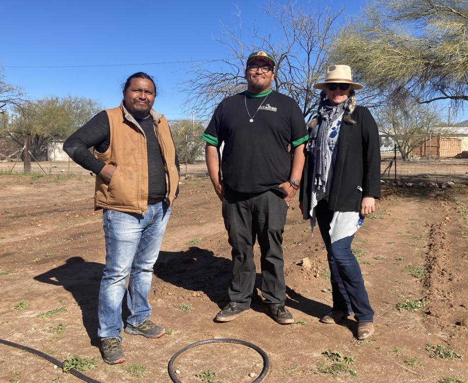 Farm manager and interim co-director Sterling Johnson; artist, advocate and Ajo CSA youth coordinator Juki Patricio; and center interim co-director Nina Sajovec at the site of a demonstrate site co-located with the Tohono O’odham Nation’s medical center