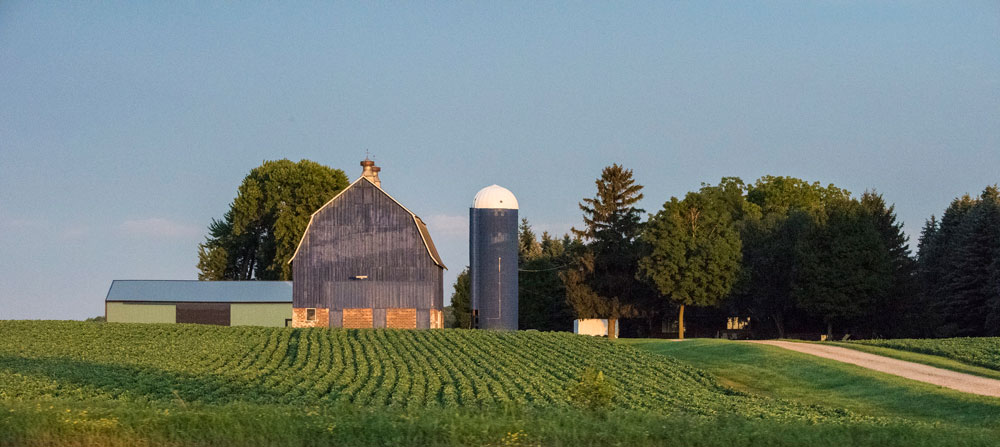 Barn and silo on farm