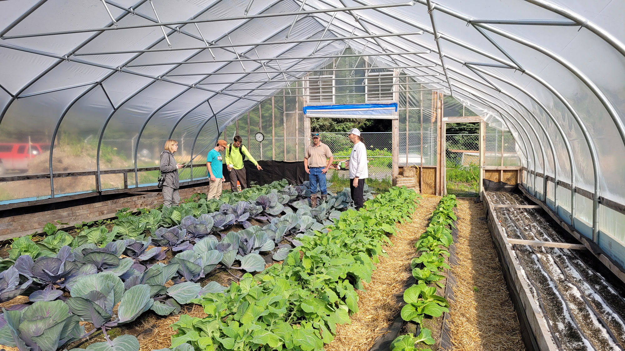 Staff from the USDA Natural Resources Conservation Service (NRCS) and the Kodiak Archipelago Leadership Institute (KALI) tour the Port Lions Farm in Port Lions, Alaska