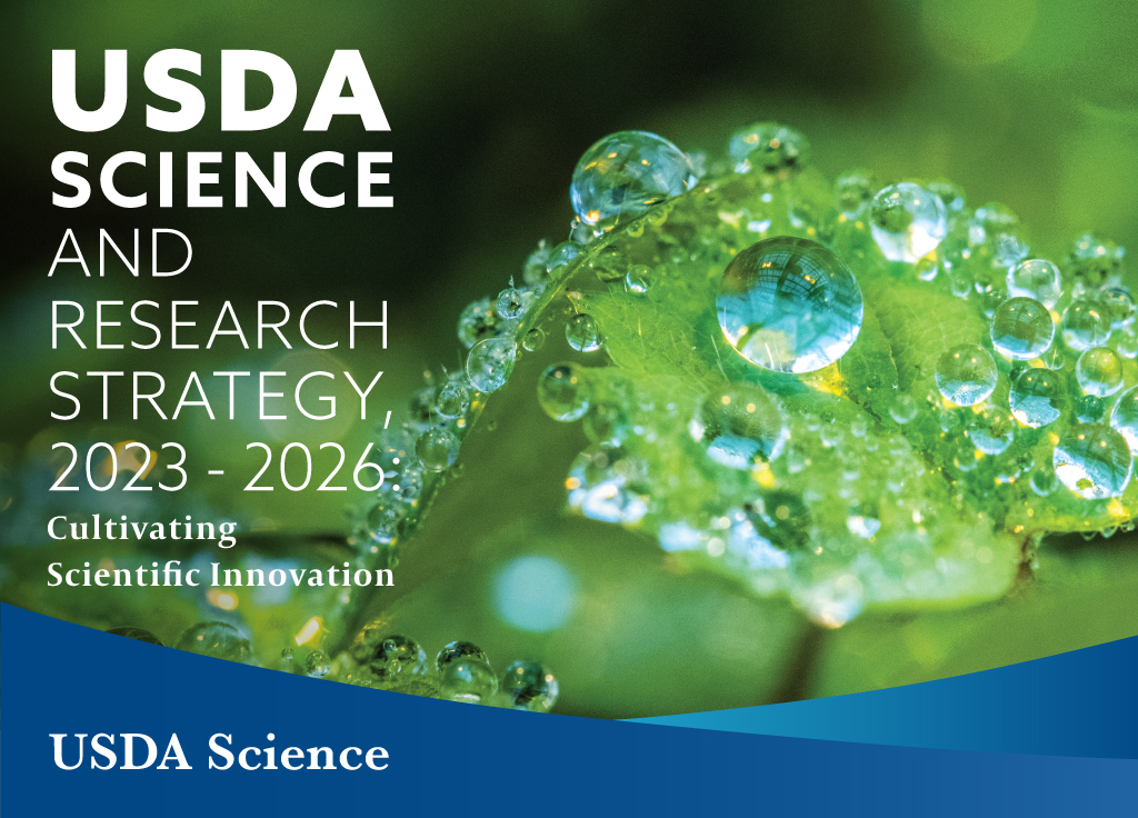 Raindrops on leaves with USDA Science overlay