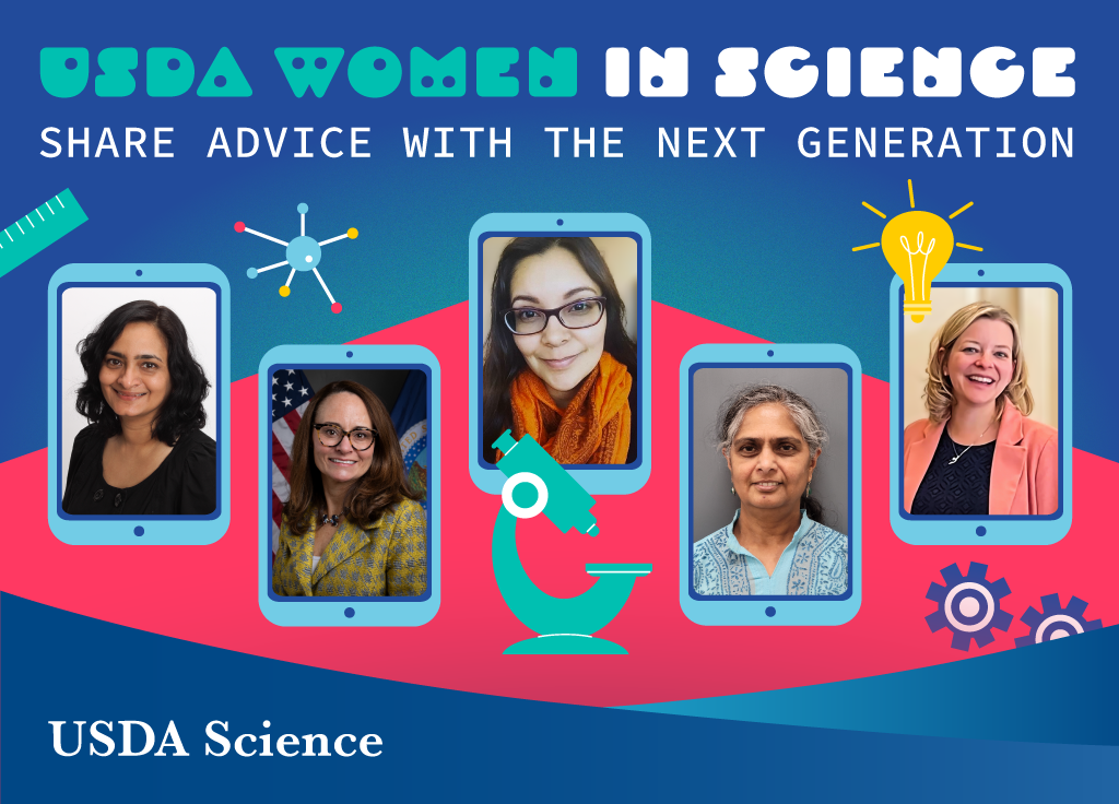 Graphic showing text USDA Women in Science: Share Advice with the Next Generation with different women in tablet boxes