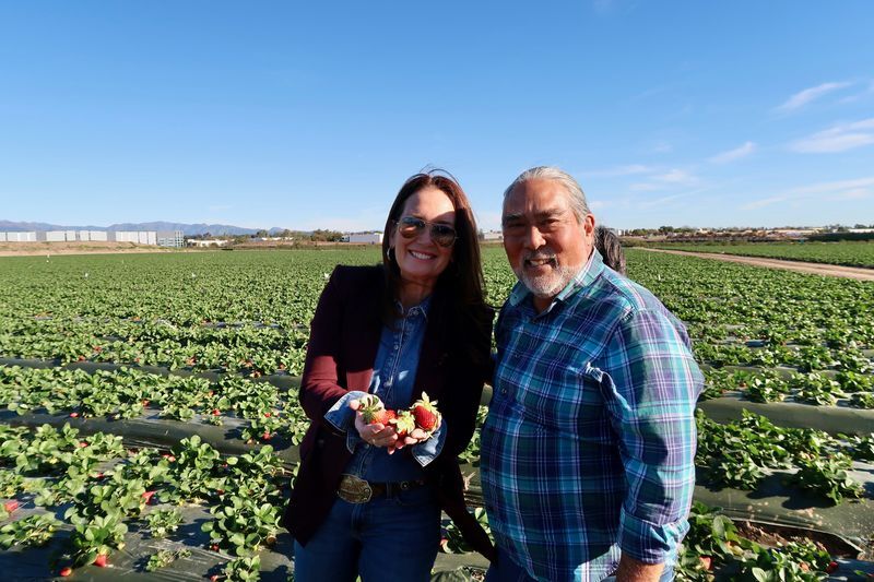 Secretary Rollins and former California Ag Secretary A.G. Kawamura at his strawberry farm in Irvine, CA