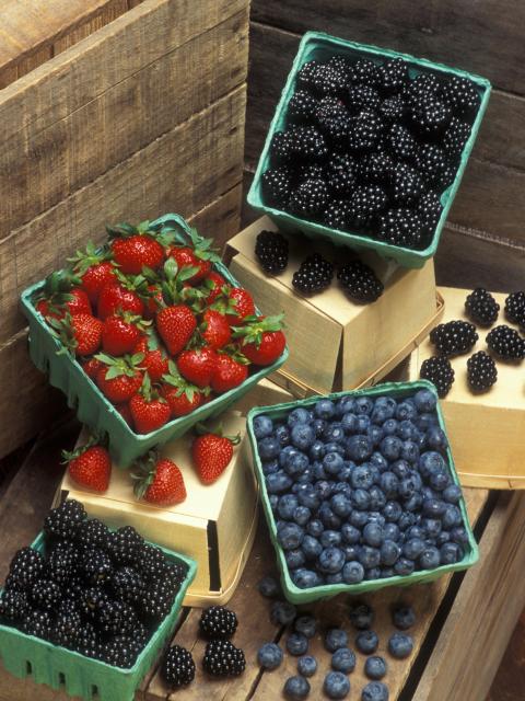 Boxes of blackberries, blueberries, and strawberries