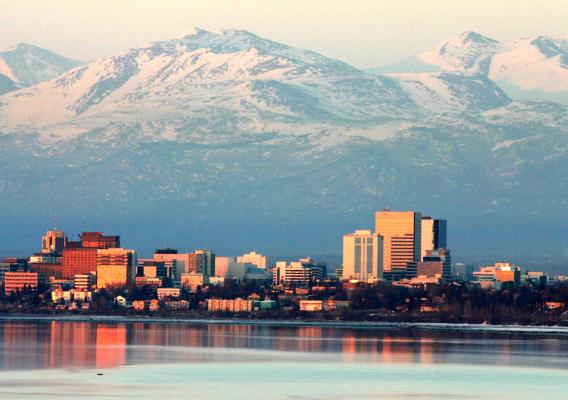 The City of Anchorage, flanked by stunning views of the Chugach Mountain Range