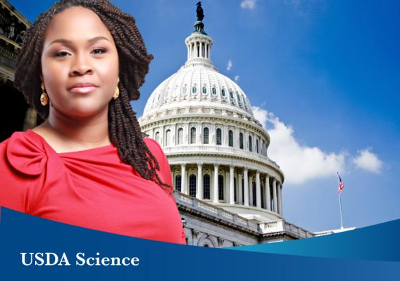 A photo of Tambra Raye Stevenson in the forefront with the U.S. Capitol in the background. A blue banner reads “USDA Science.”