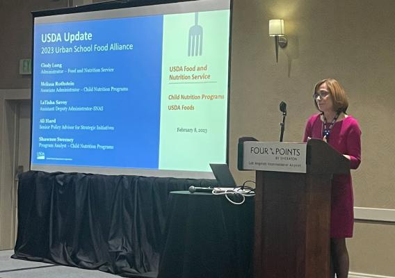FNS Administrator Cindy Long speaks behind a podium at the Urban School Food Alliance’s winter meeting in Los Angeles, California