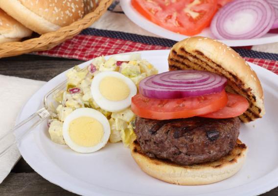 A plate with a burger and egg salad