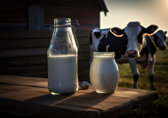 glass bottle and drinking glass of milk with a cow in the background