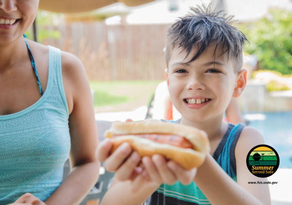 A boy getting a hot dog at the pool with a woman beside him smiling with a Summer Served Safe logo overlay